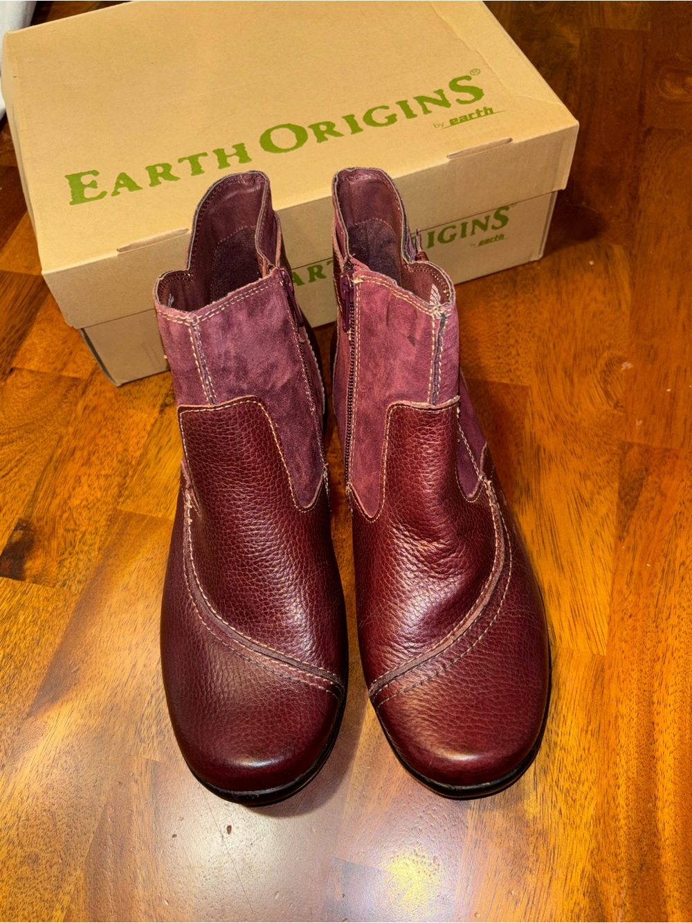 Earth Origins Two-Tone Burgundy Leather & Suede Ankle Booties